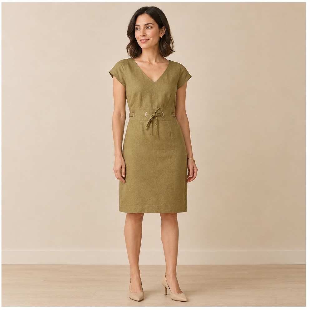 Talbots Petites Olive Linen Sheath Dress Belted Fully Lined Estimated 10P